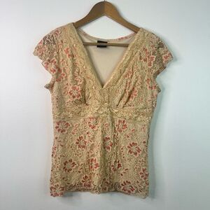 JTB Romantic Coquette Lace Floral Babydoll Lace Beige Pink V-Neck Top Women’s M